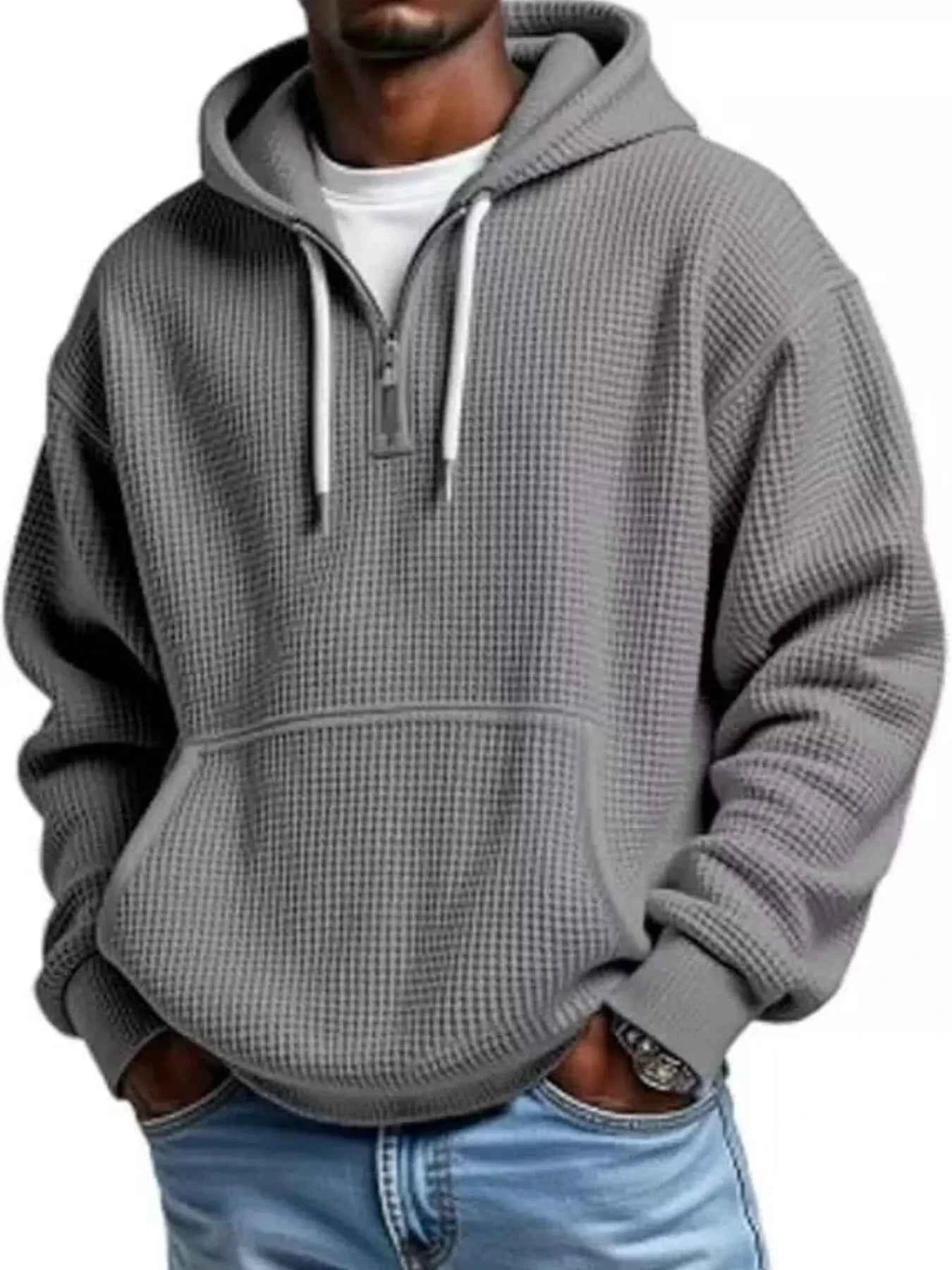 Men's Full Size Textured Waffle Knit Half - Zip Hoodie Plus Size - ELC Fashion