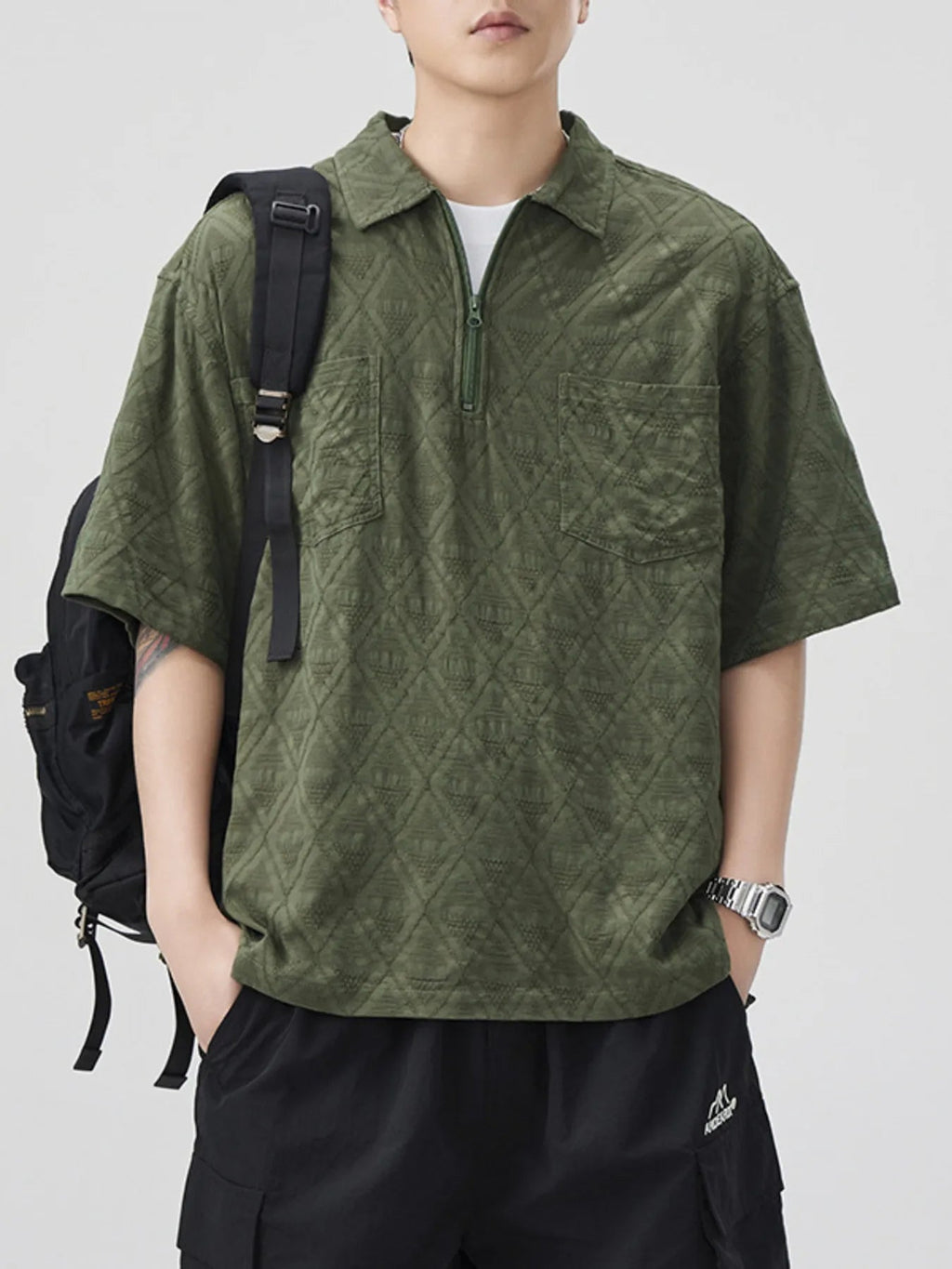 Men's Plus Size Geometric Pattern Half - Zip Top with Chest Pockets - ELC Fashion