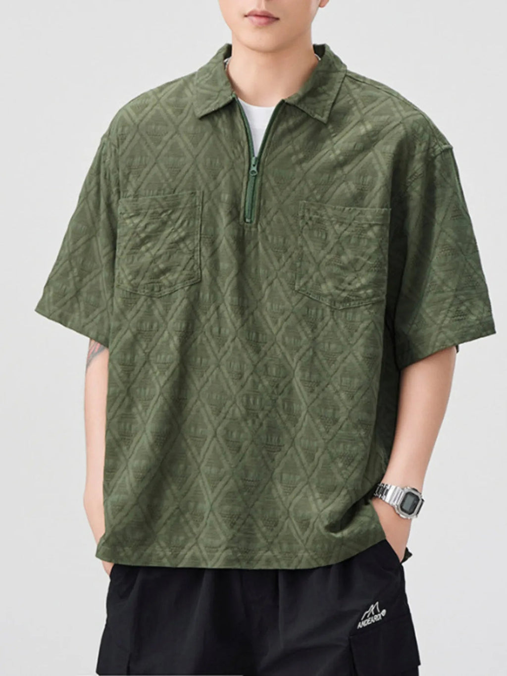 Men's Plus Size Geometric Pattern Half - Zip Top with Chest Pockets - ELC Fashion