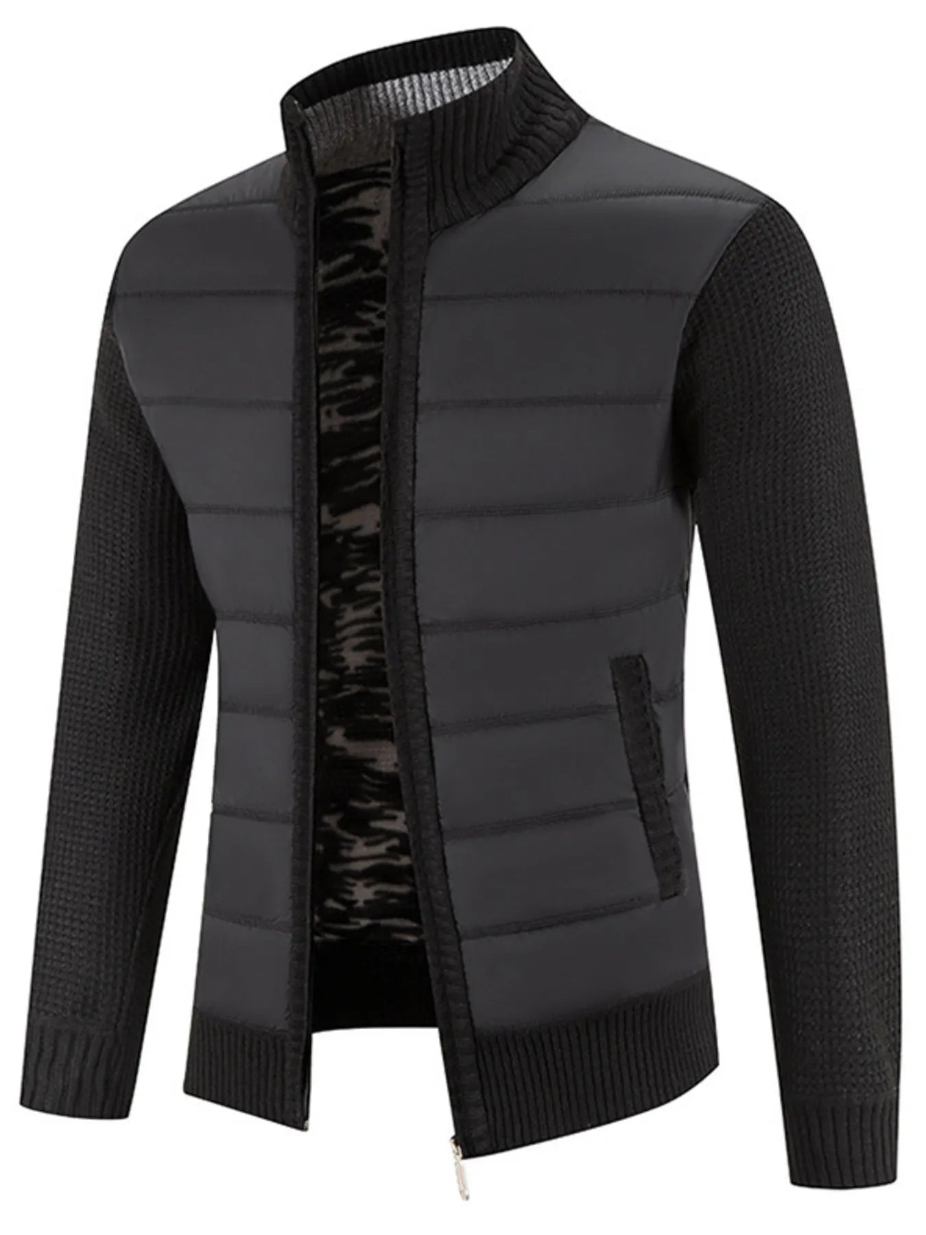 Men's Plus Size Quilted Knit Bomber Jacket with Stand Collar - ELC Fashion