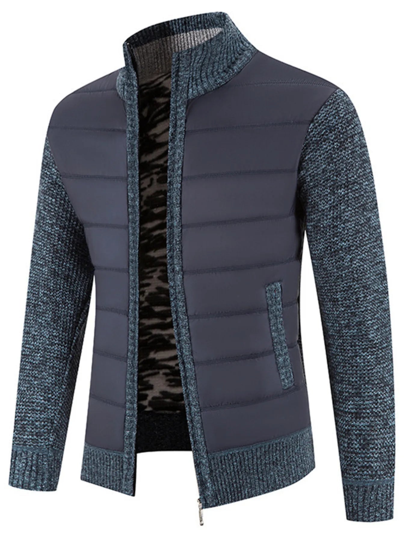 Men's Plus Size Quilted Knit Bomber Jacket with Stand Collar - ELC Fashion