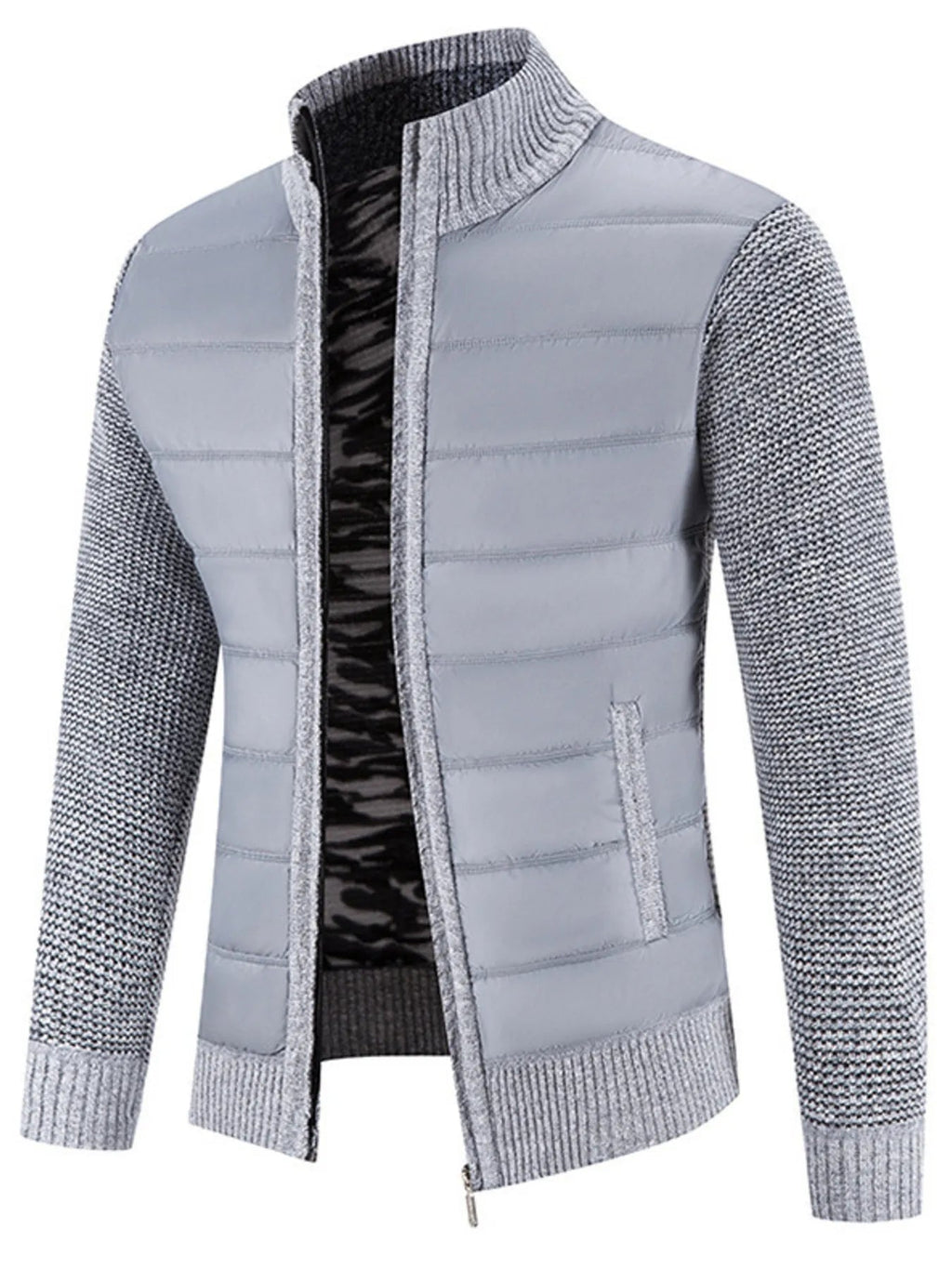 Men's Plus Size Quilted Knit Bomber Jacket with Stand Collar - ELC Fashion
