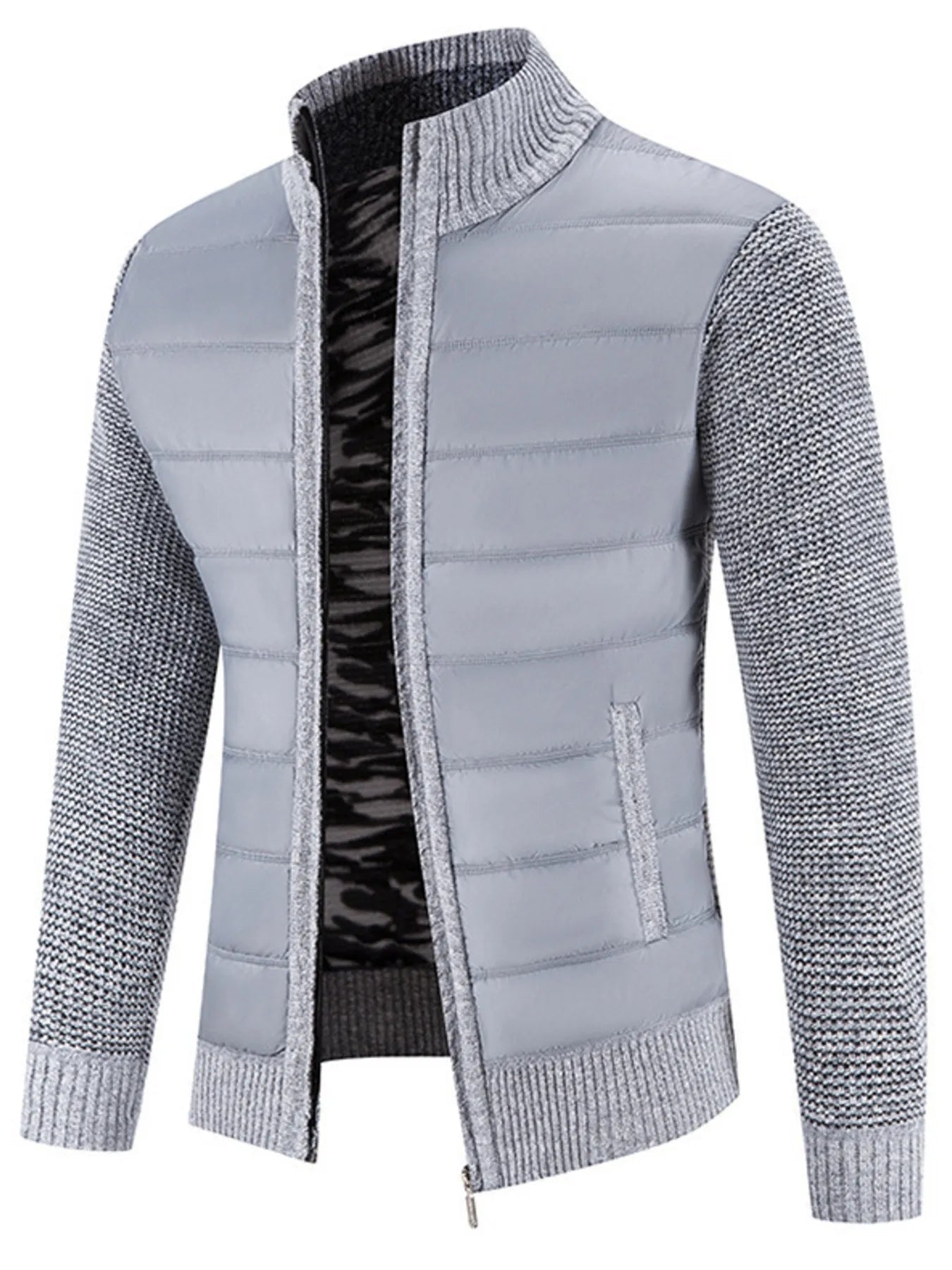 Men's Plus Size Quilted Knit Bomber Jacket with Stand Collar - ELC Fashion