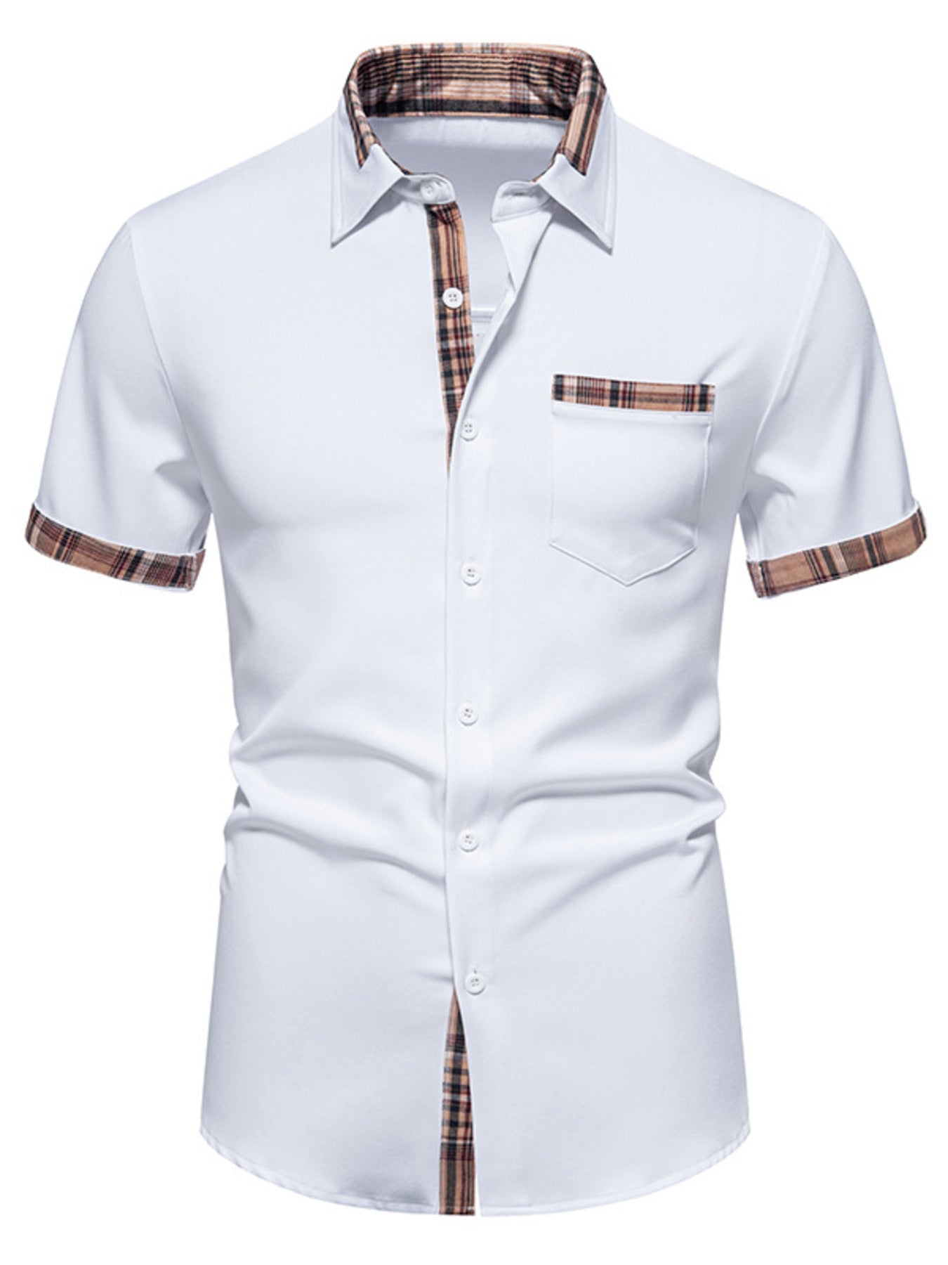 Men's Short Sleeve Plaid Trim Shirt - ELC Fashion