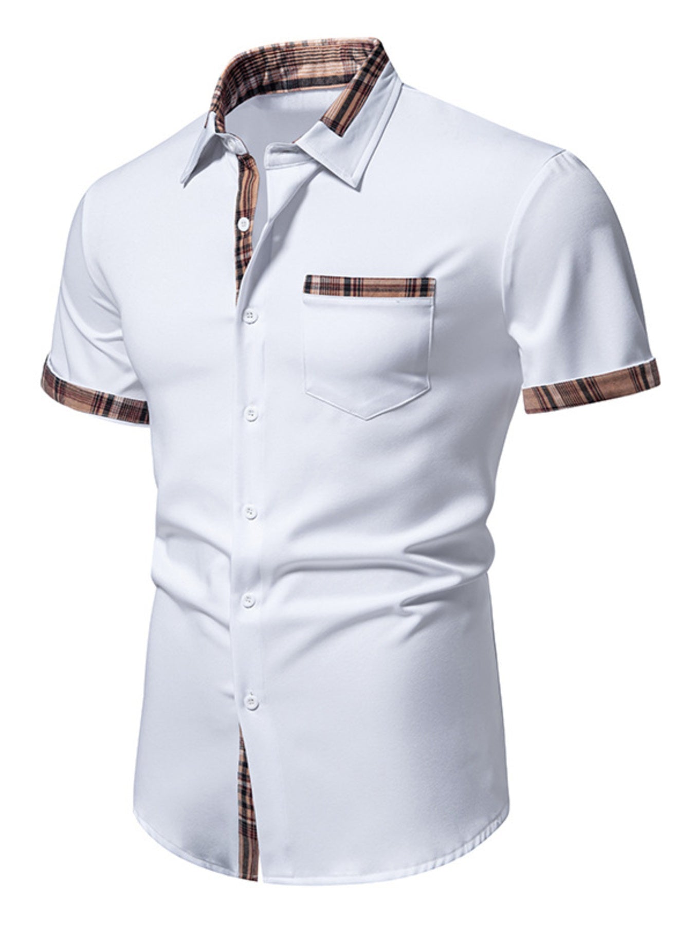 Men's Short Sleeve Plaid Trim Shirt - ELC Fashion