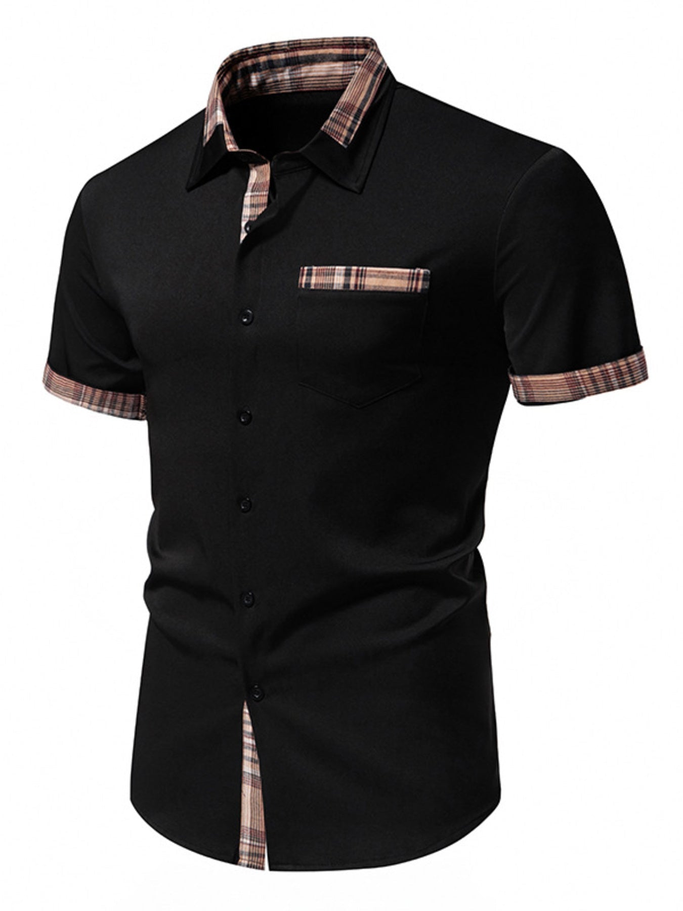 Men's Short Sleeve Plaid Trim Shirt - ELC Fashion