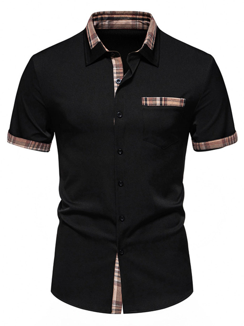 Men's Short Sleeve Plaid Trim Shirt - ELC Fashion