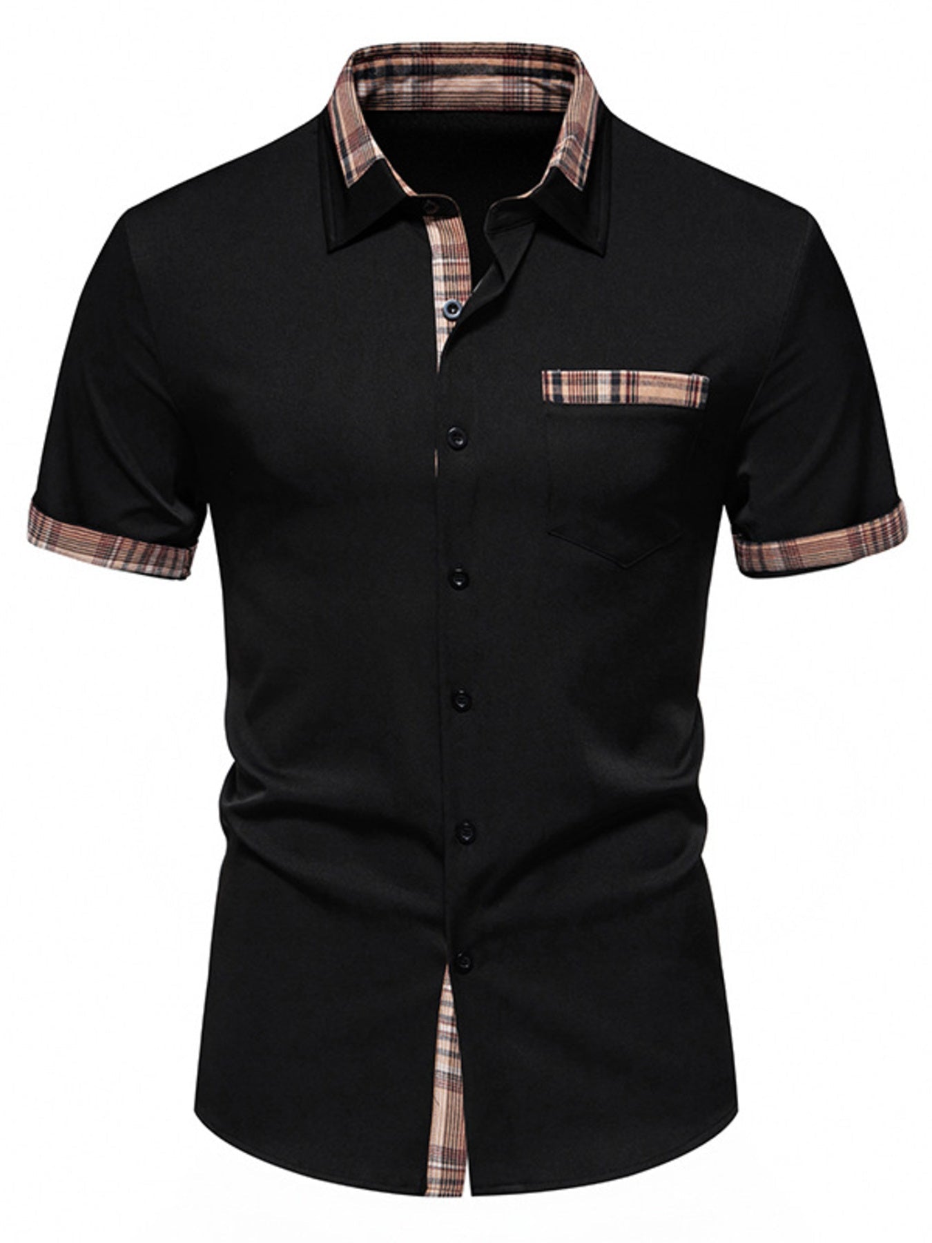 Men's Short Sleeve Plaid Trim Shirt - ELC Fashion