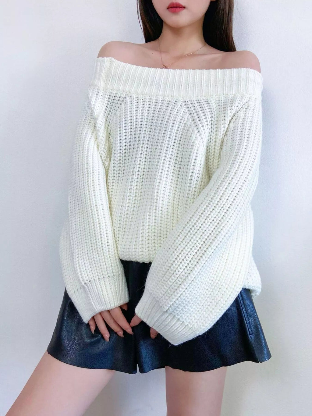 Off - Shoulder Chunky Knit Sweater - ELC Fashion