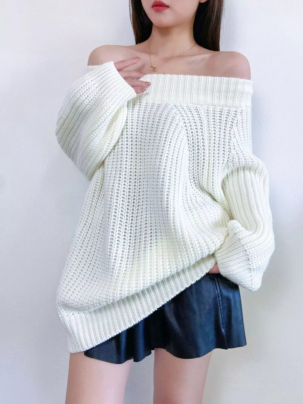 Off - Shoulder Chunky Knit Sweater - ELC Fashion