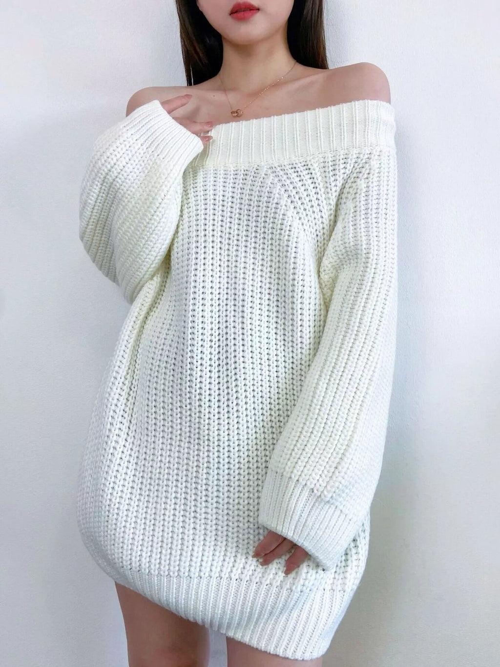 Off - Shoulder Chunky Knit Sweater - ELC Fashion