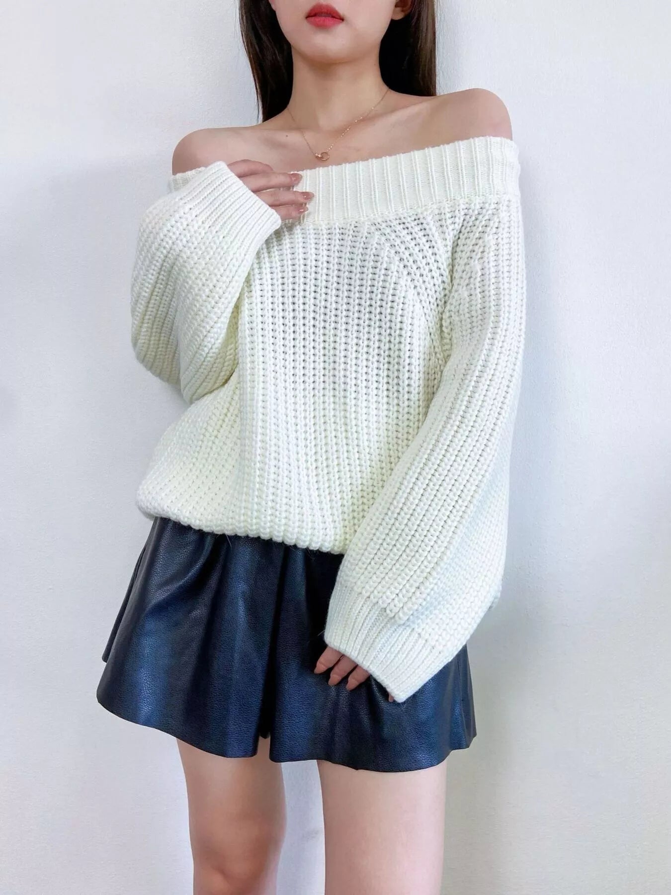 Off - Shoulder Chunky Knit Sweater - ELC Fashion