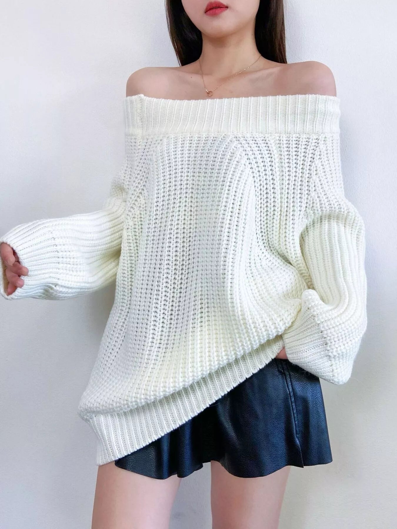 Off - Shoulder Chunky Knit Sweater - ELC Fashion