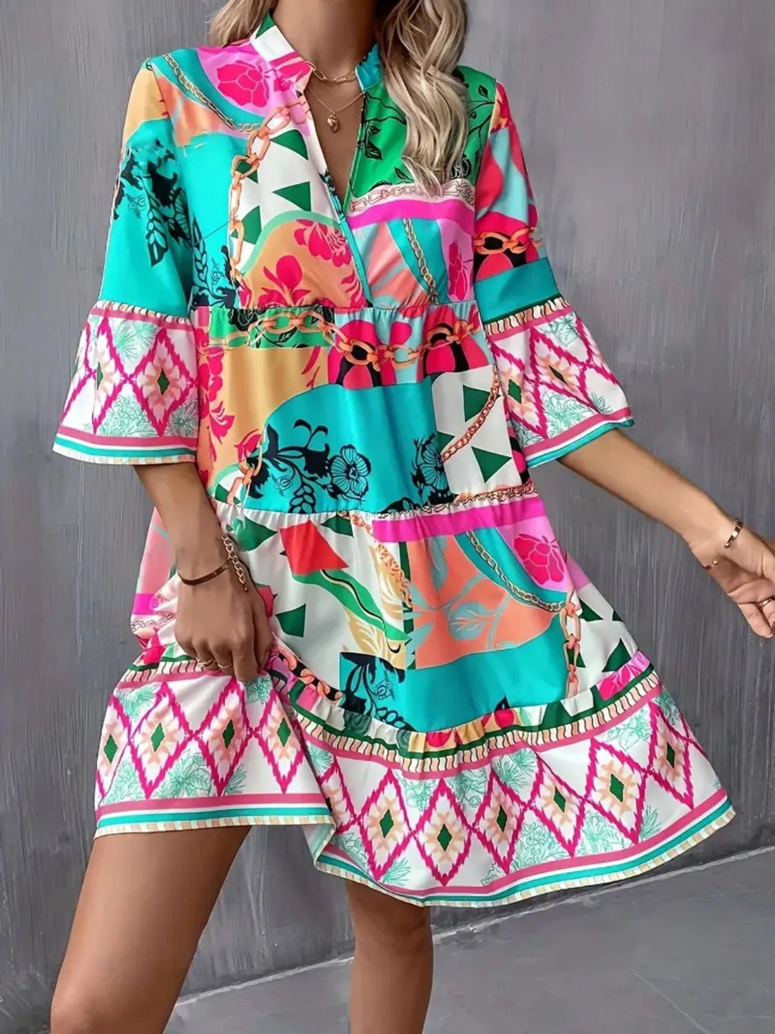 Printed Notched 3/4 Sleeve Tiered Dress - ELC Fashion