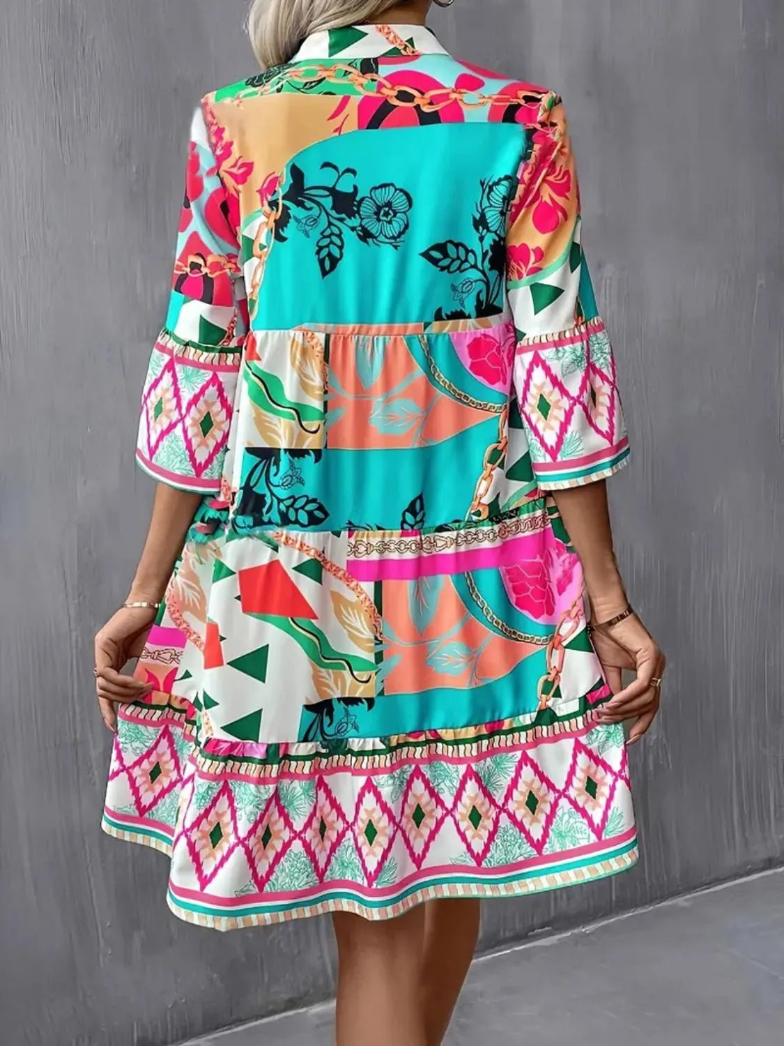 Printed Notched 3/4 Sleeve Tiered Dress - ELC Fashion