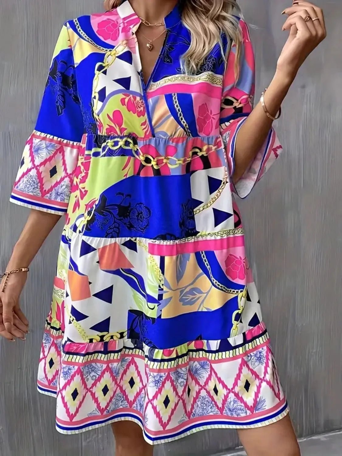 Printed Notched 3/4 Sleeve Tiered Dress - ELC Fashion