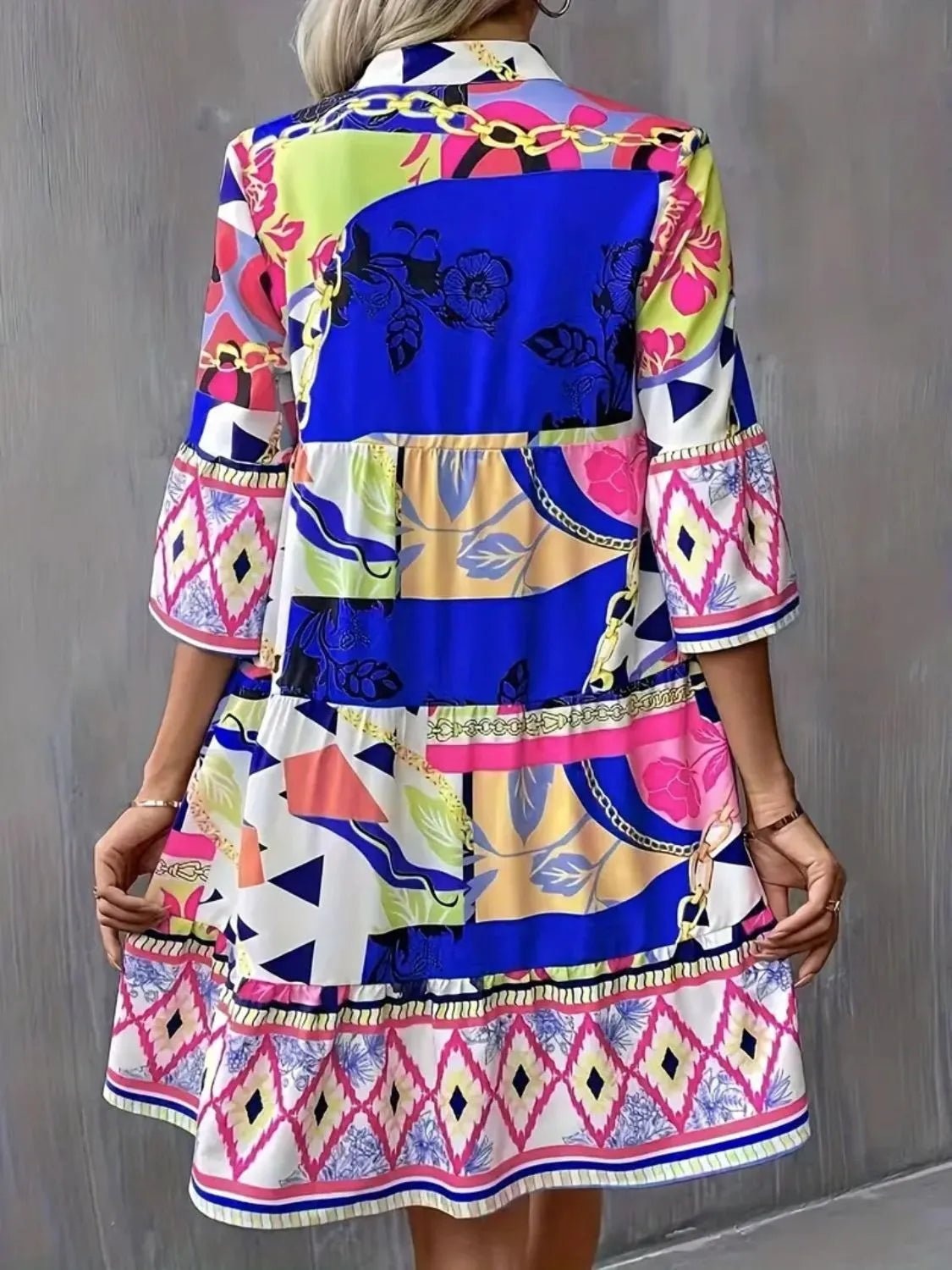 Printed Notched 3/4 Sleeve Tiered Dress - ELC Fashion
