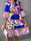 Printed Notched 3/4 Sleeve Tiered Dress - ELC Fashion