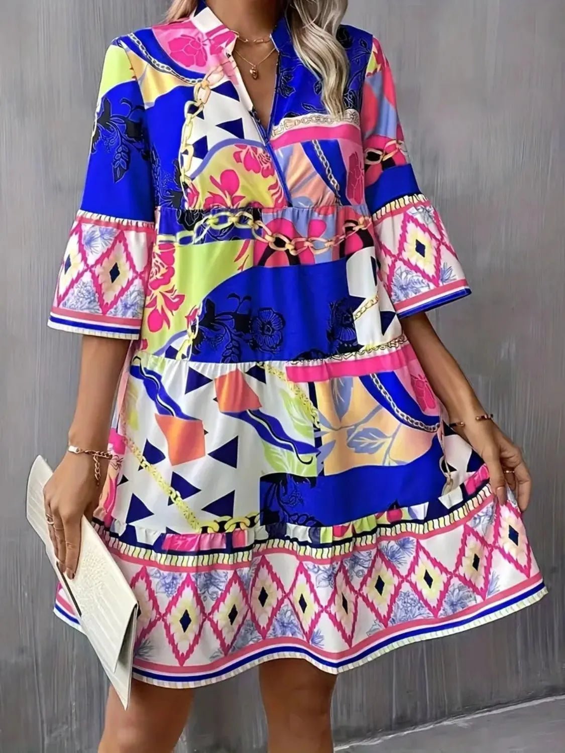 Printed Notched 3/4 Sleeve Tiered Dress - ELC Fashion