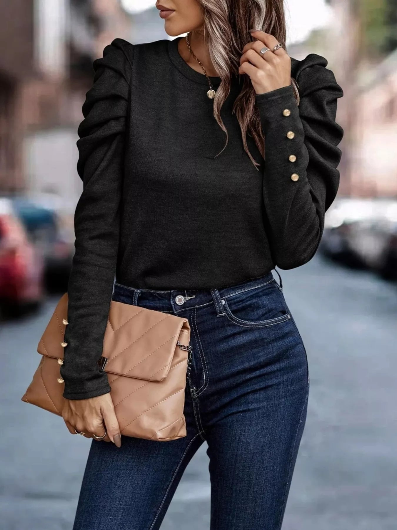 Puff Sleeve Round Neck T-Shirt - ELC Fashion
