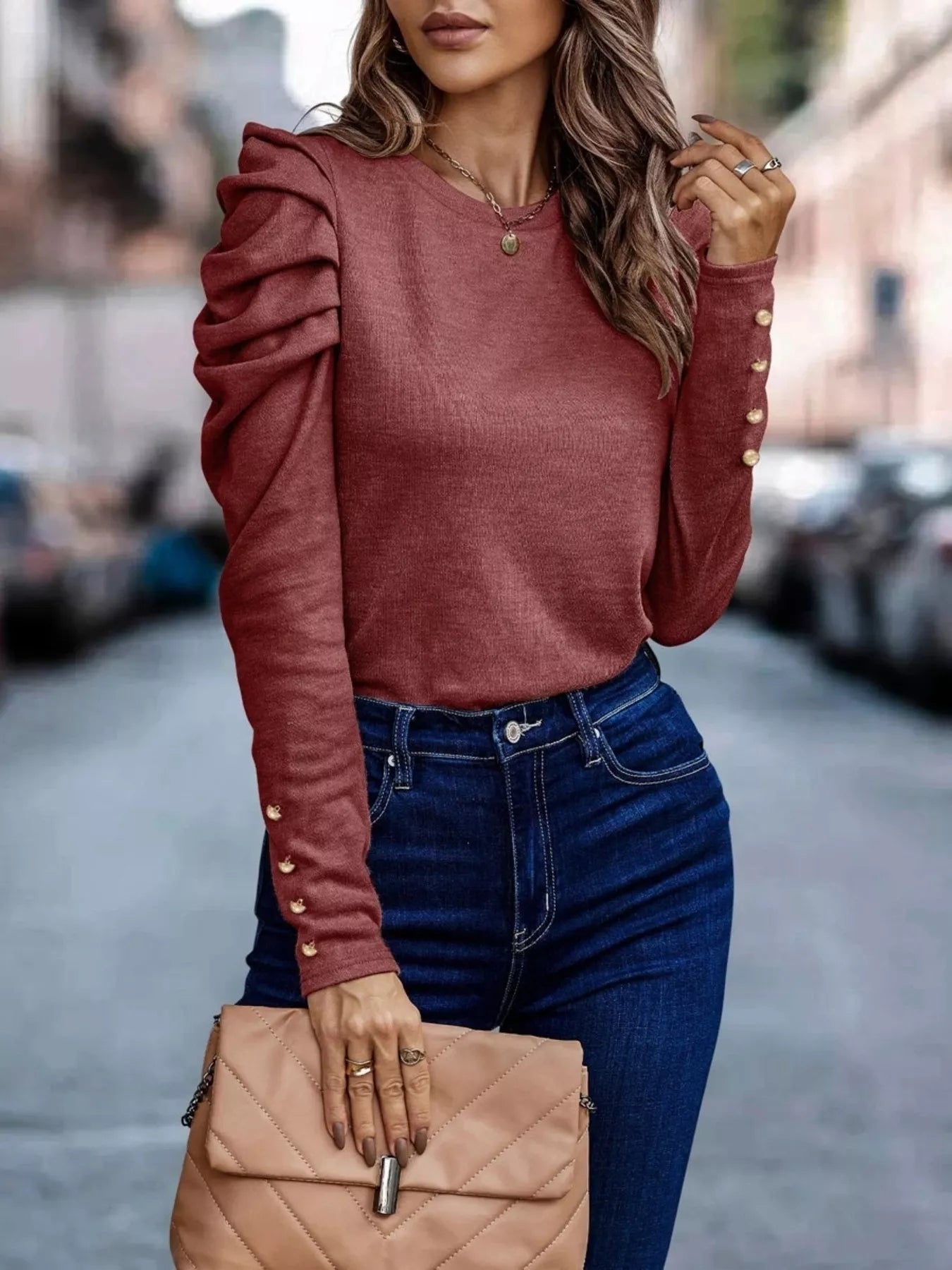 Puff Sleeve Round Neck T-Shirt - ELC Fashion