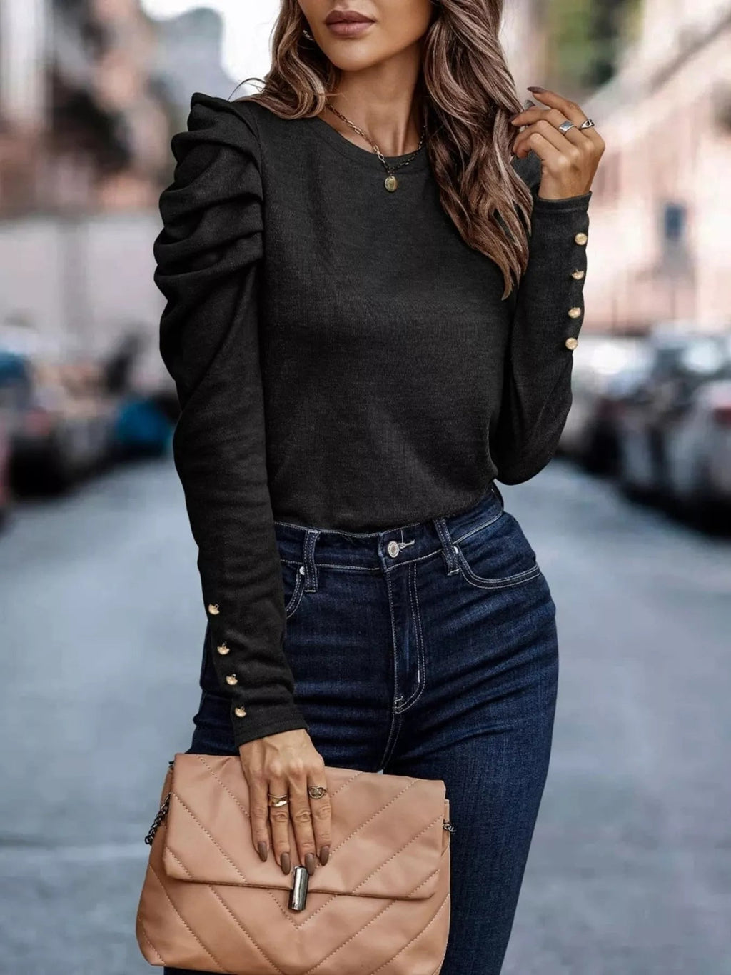 Puff Sleeve Round Neck T-Shirt - ELC Fashion