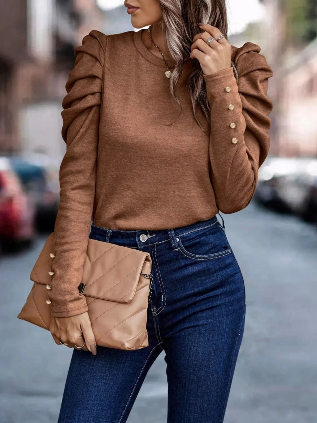 Puff Sleeve Round Neck T-Shirt - ELC Fashion