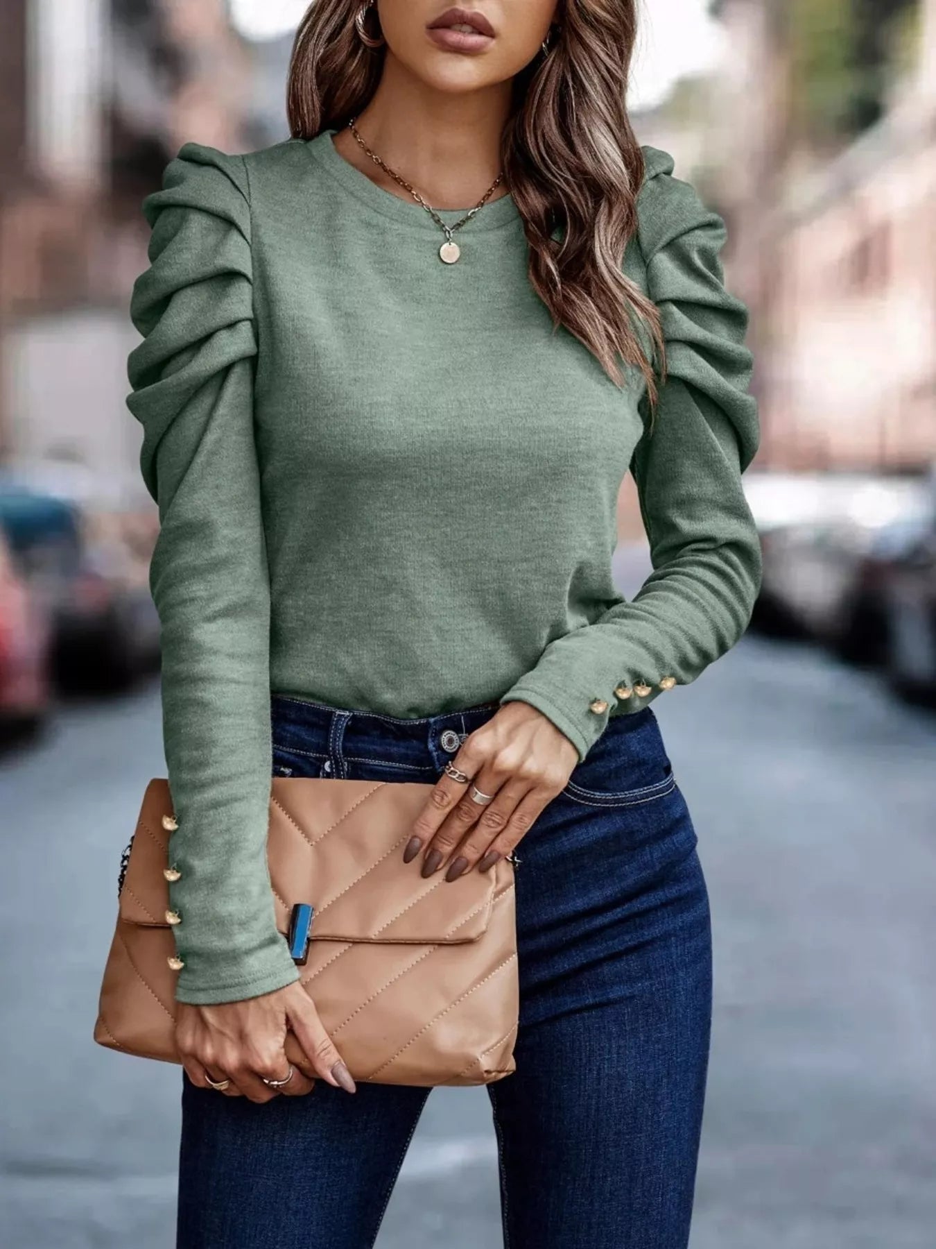 Puff Sleeve Round Neck T-Shirt - ELC Fashion
