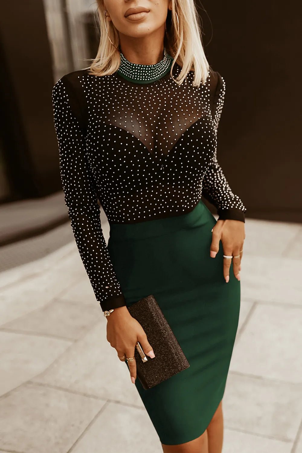 Rhinestone Mock Neck Long Sleeve Dress - ELC Fashion