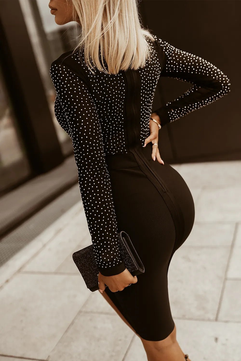 Rhinestone Mock Neck Long Sleeve Dress - ELC Fashion