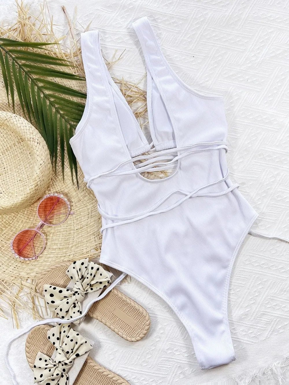 Ribbed Lace Up One - Piece Swimsuit - ELC Fashion