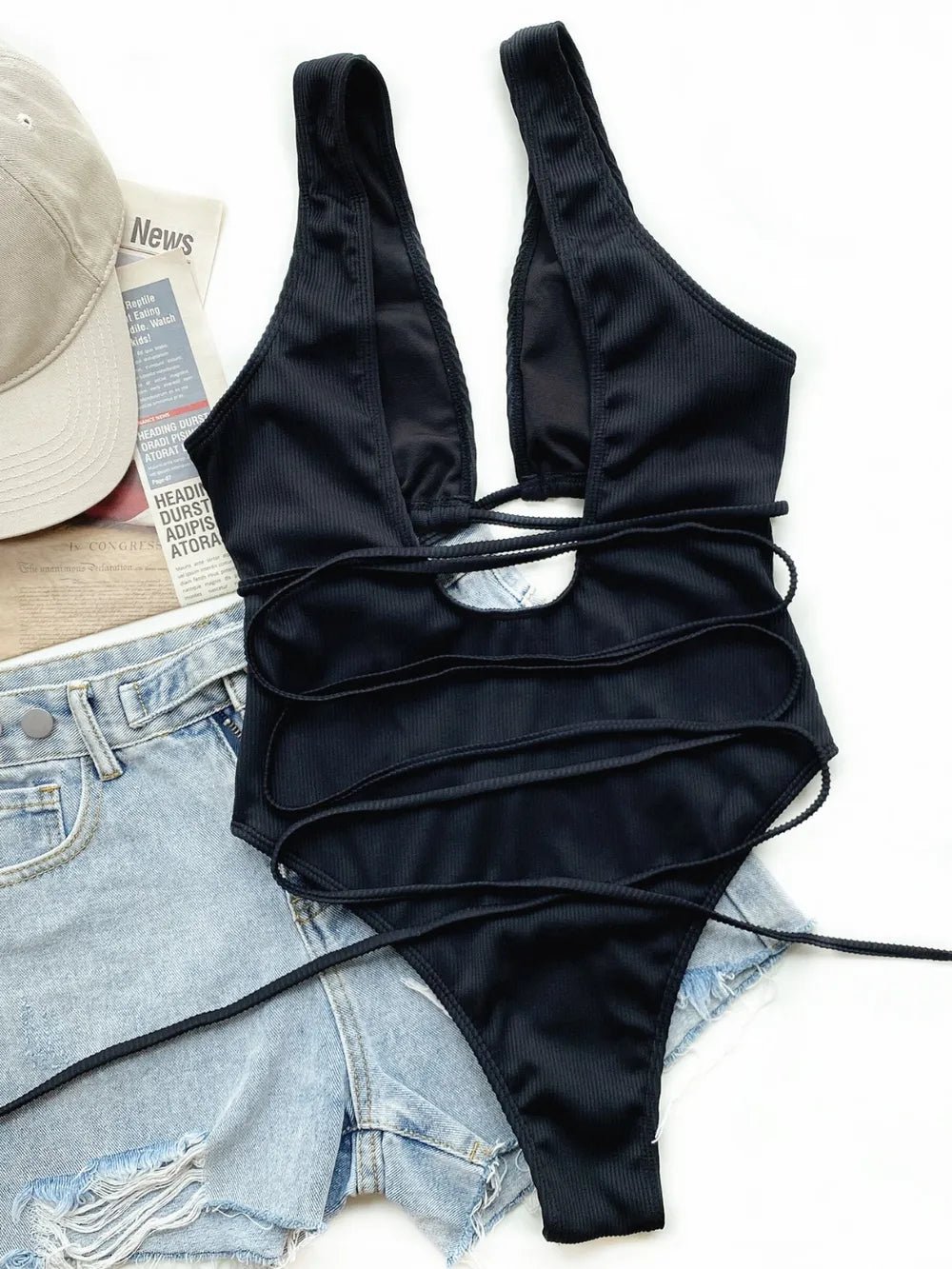Ribbed Lace Up One - Piece Swimsuit - ELC Fashion
