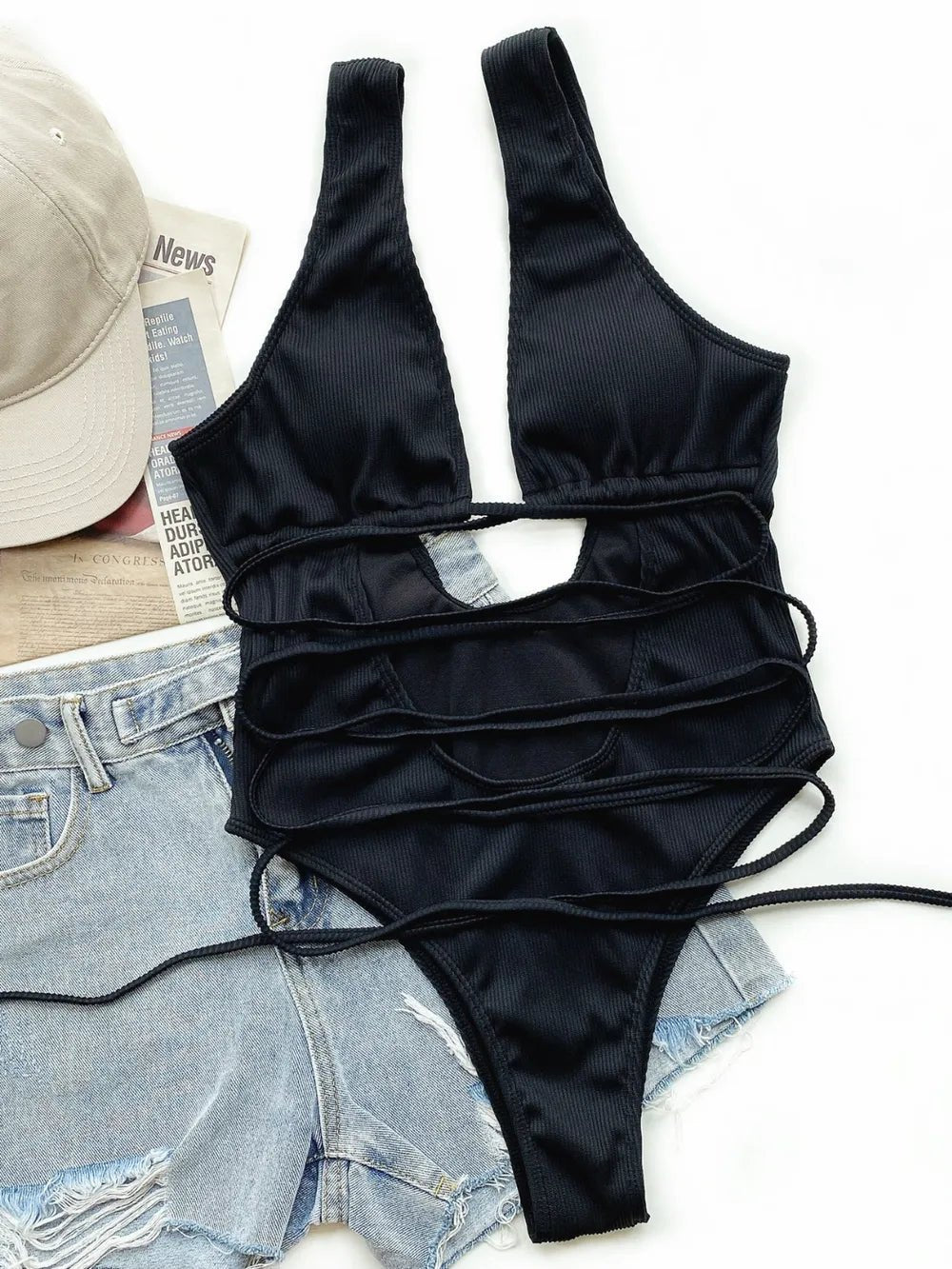 Ribbed Lace Up One - Piece Swimsuit - ELC Fashion