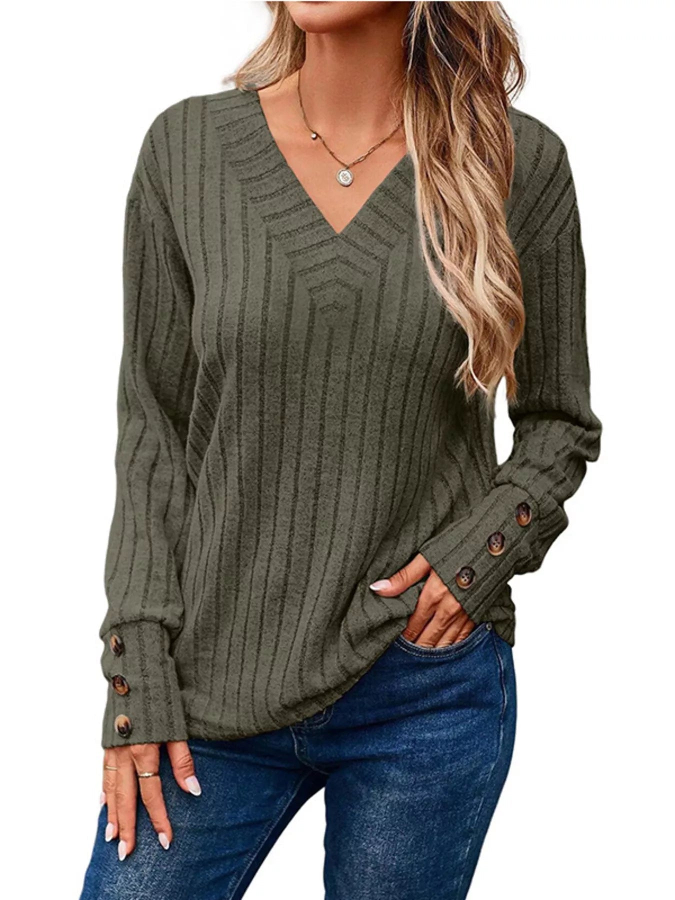 Ribbed V - Neck Long Sleeve Top - ELC Fashion