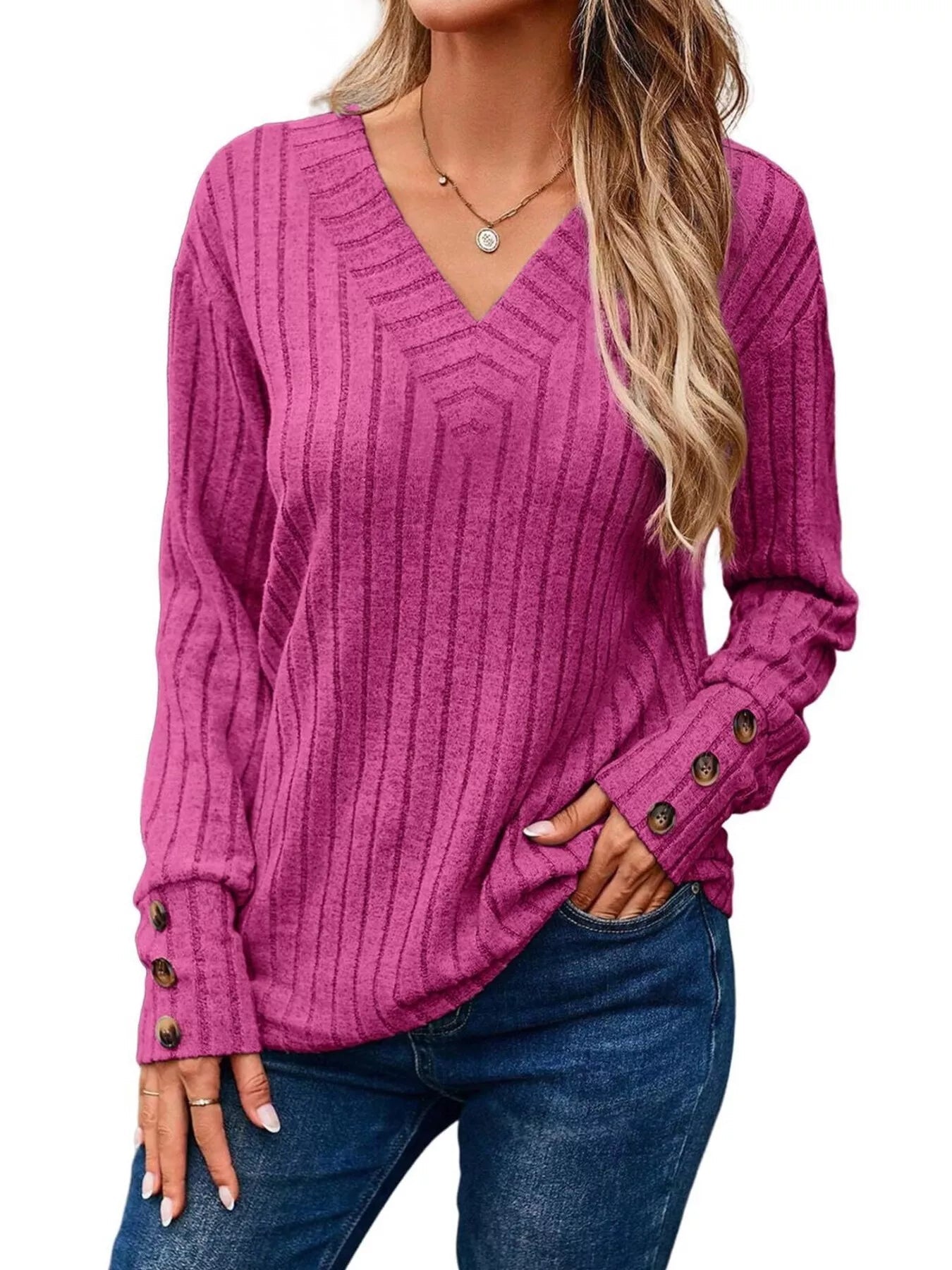 Ribbed V - Neck Long Sleeve Top - ELC Fashion