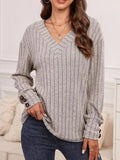Ribbed V - Neck Long Sleeve Top - ELC Fashion