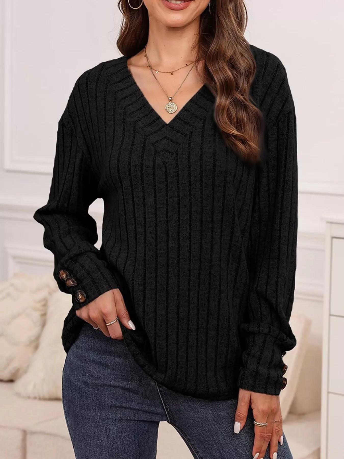 Ribbed V - Neck Long Sleeve Top - ELC Fashion