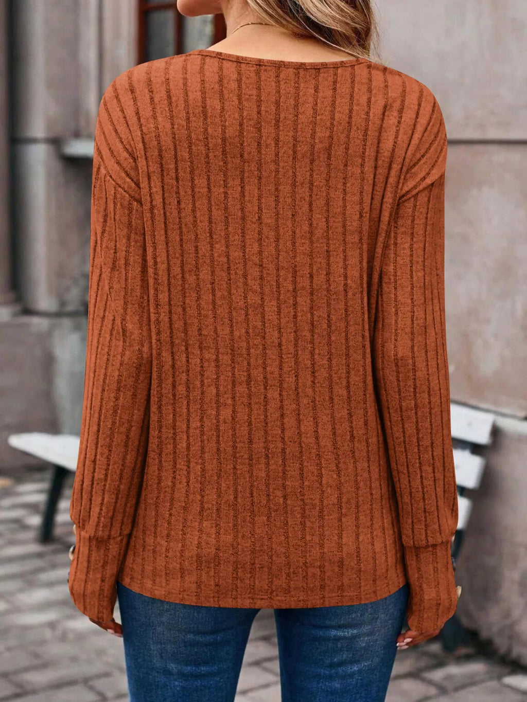 Ribbed V - Neck Long Sleeve Top - ELC Fashion