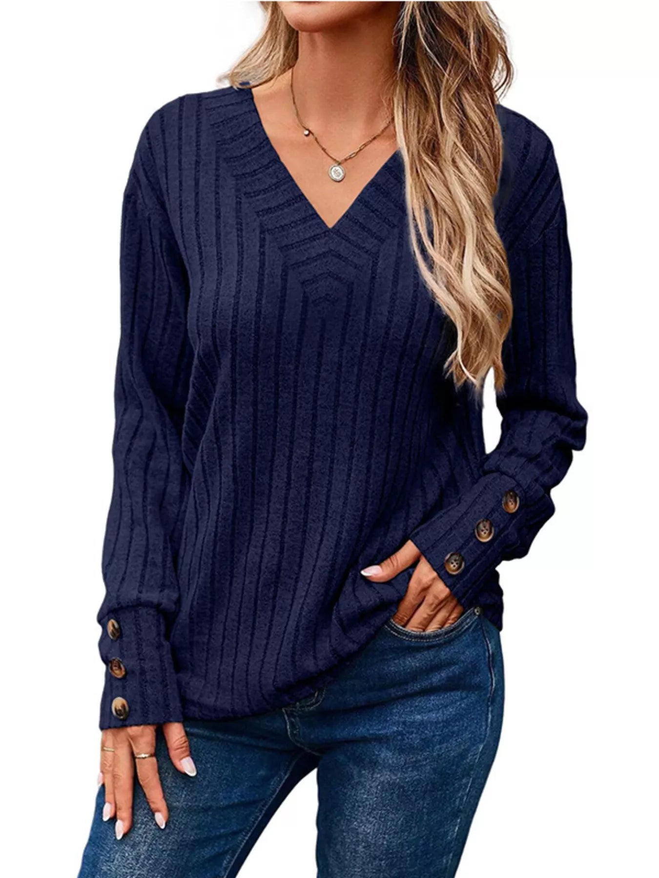 Ribbed V - Neck Long Sleeve Top - ELC Fashion