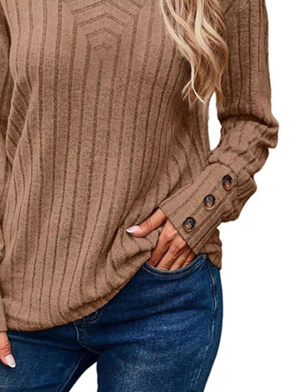 Ribbed V - Neck Long Sleeve Top - ELC Fashion