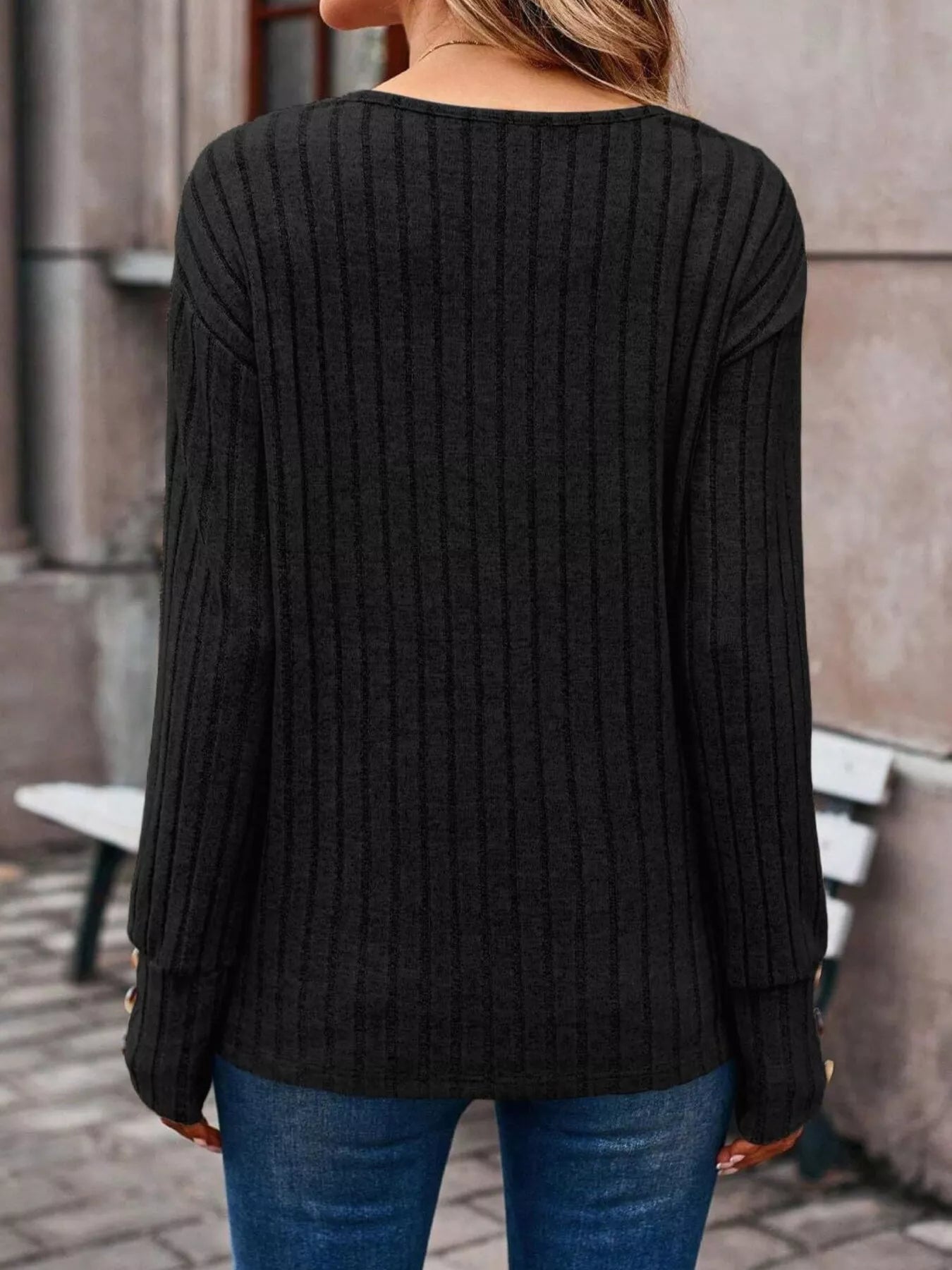 Ribbed V - Neck Long Sleeve Top - ELC Fashion
