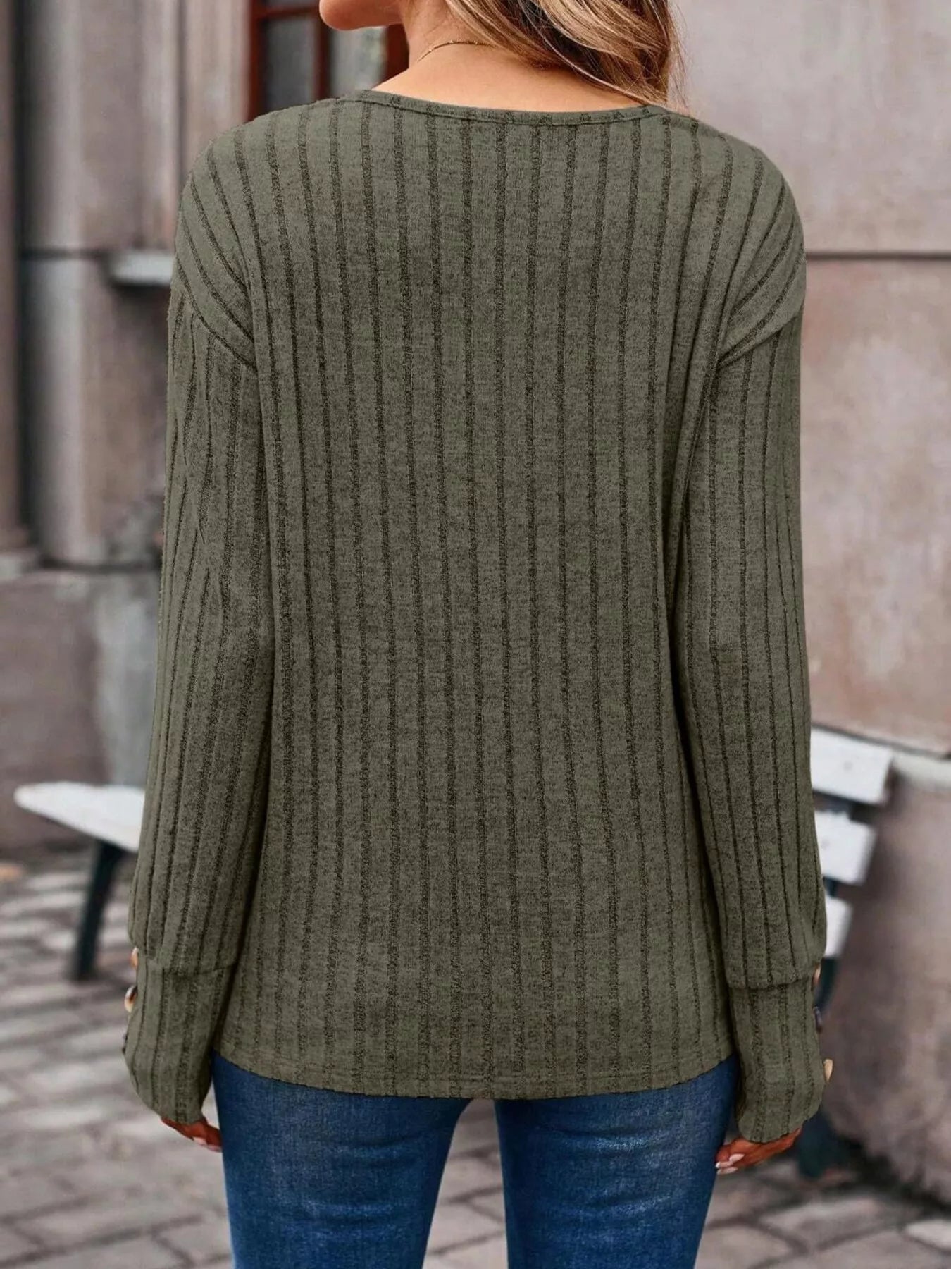 Ribbed V - Neck Long Sleeve Top - ELC Fashion