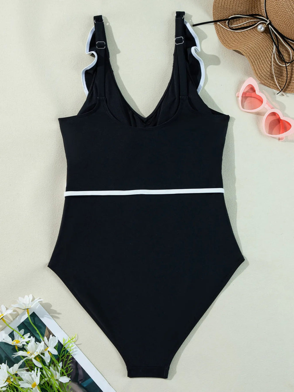 Ruffle Trim V - Neck One - Piece Swimsuit - ELC Fashion