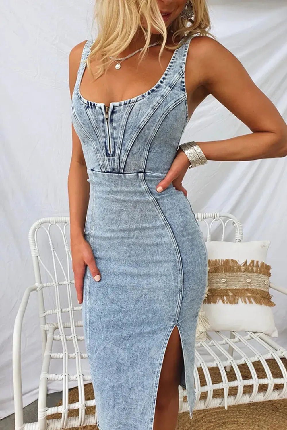 Side Slit Washed Scoop Neck Denim Dress - ELC Fashion