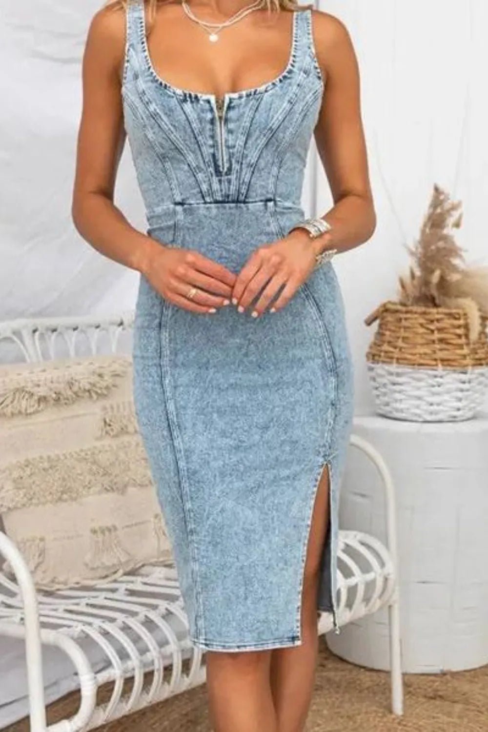 Side Slit Washed Scoop Neck Denim Dress - ELC Fashion