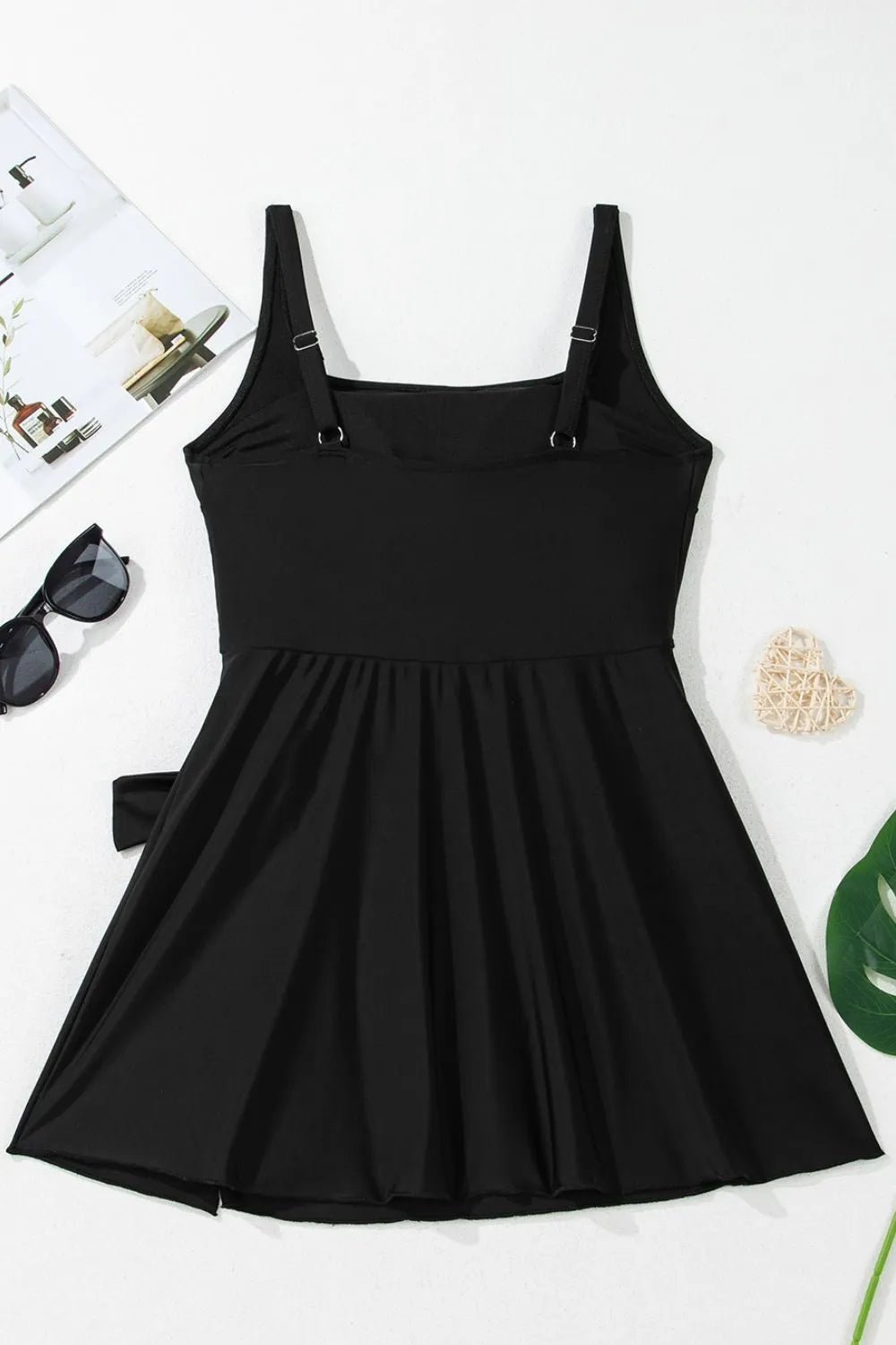 Side Tied Waist Square Neck Adjustable Straps A - line One Piece Swim Dress - ELC Fashion