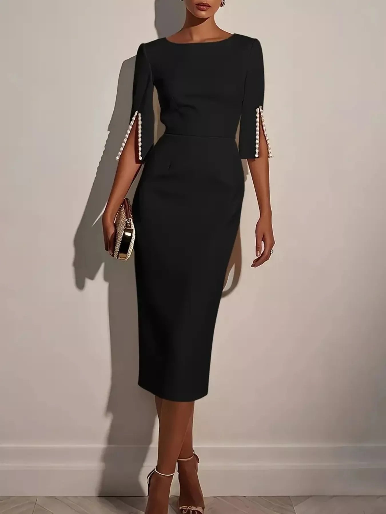 Slim - Fit Elegant Midi Dress with Beaded Slit Sleeve - ELC Fashion