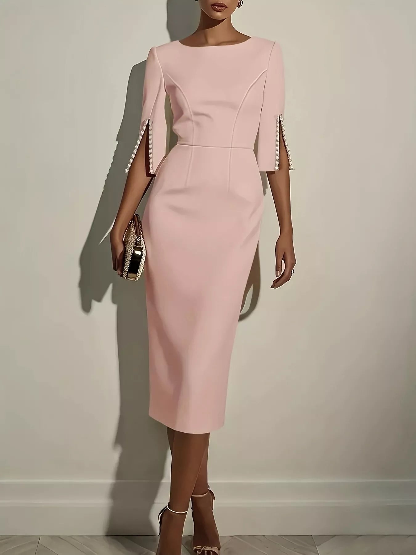 Slim - Fit Elegant Midi Dress with Beaded Slit Sleeve - ELC Fashion