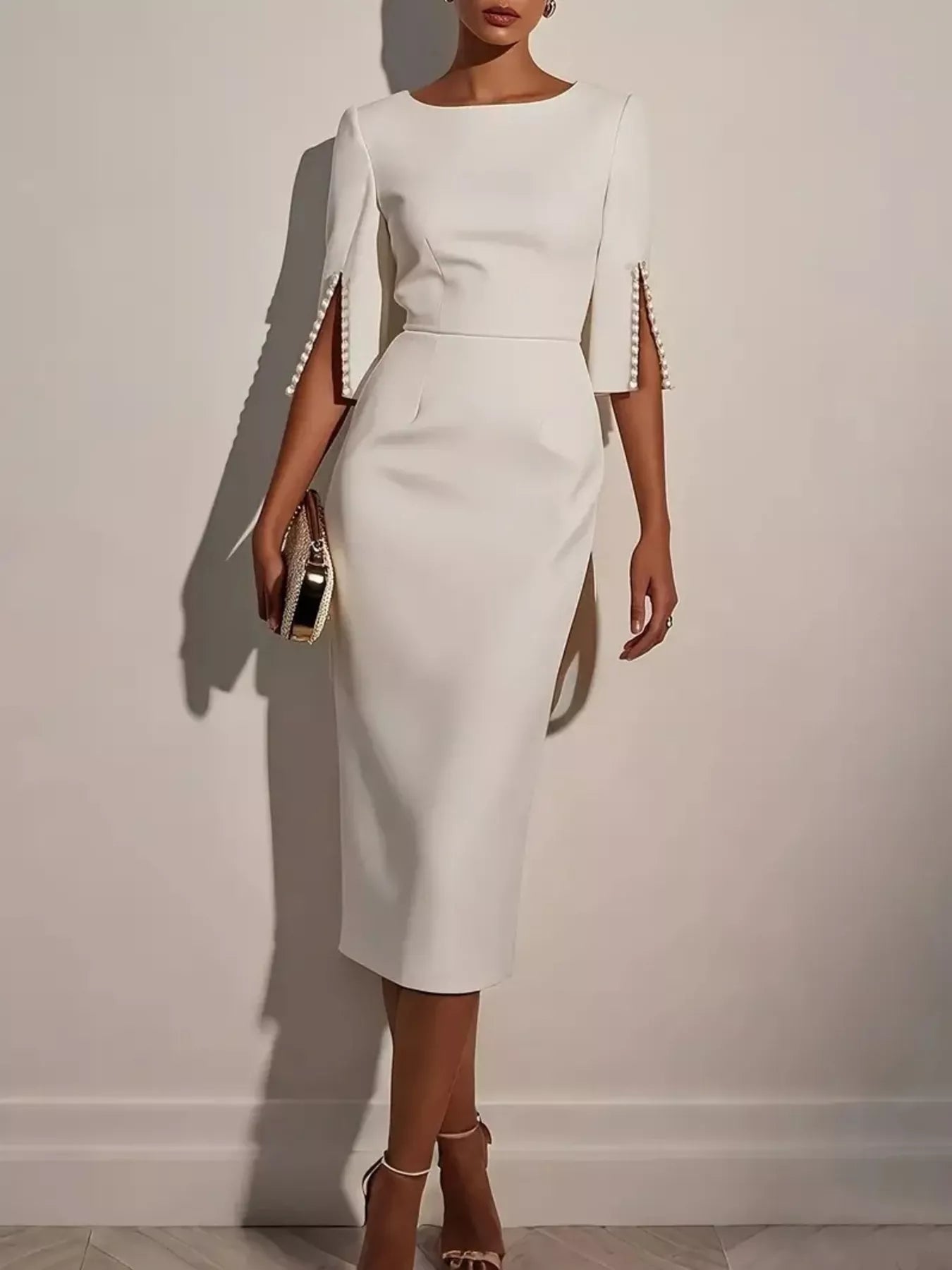 Slim - Fit Elegant Midi Dress with Beaded Slit Sleeve - ELC Fashion