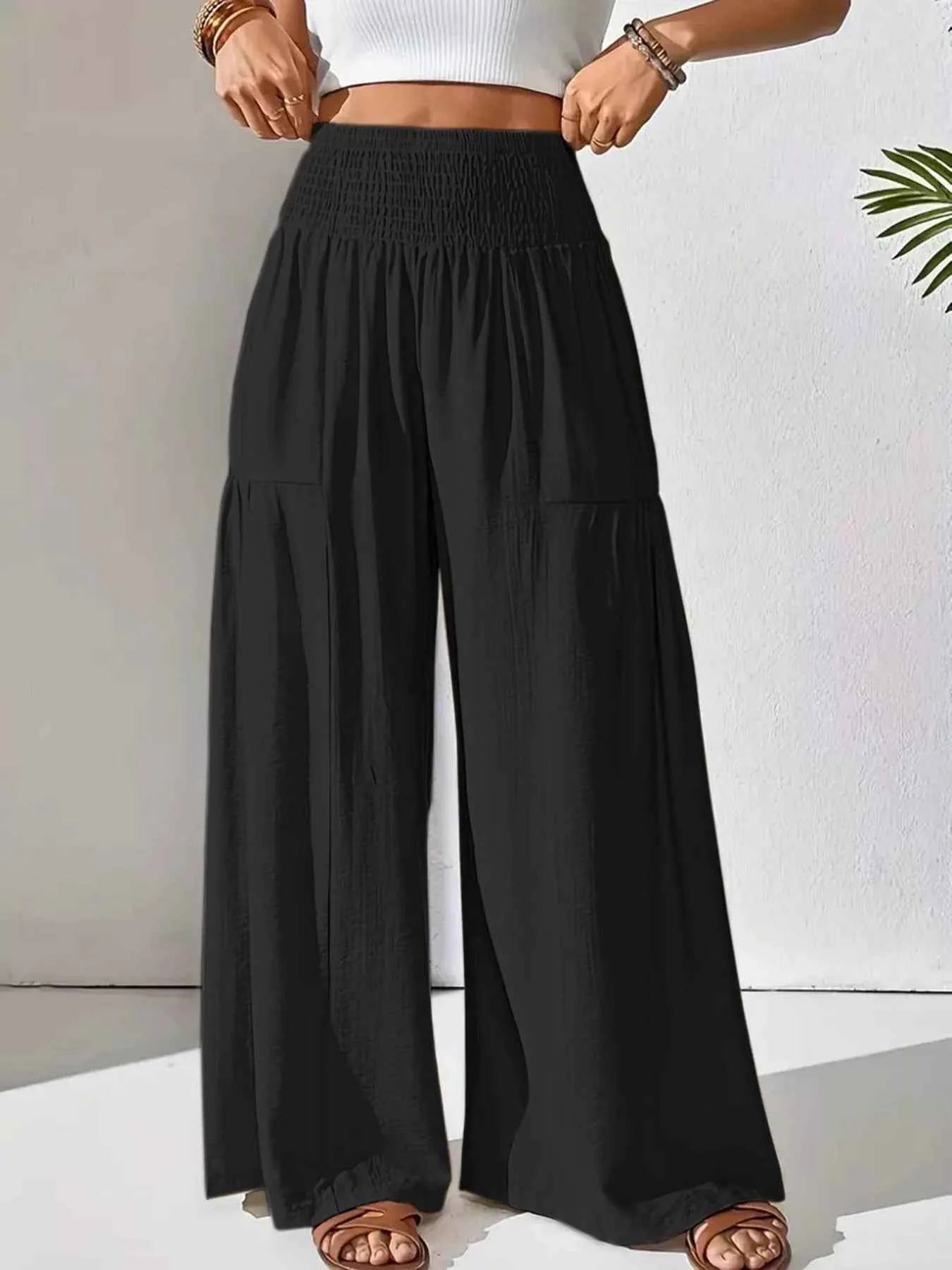 Smocked Waist Wide Leg Pants - ELC Fashion